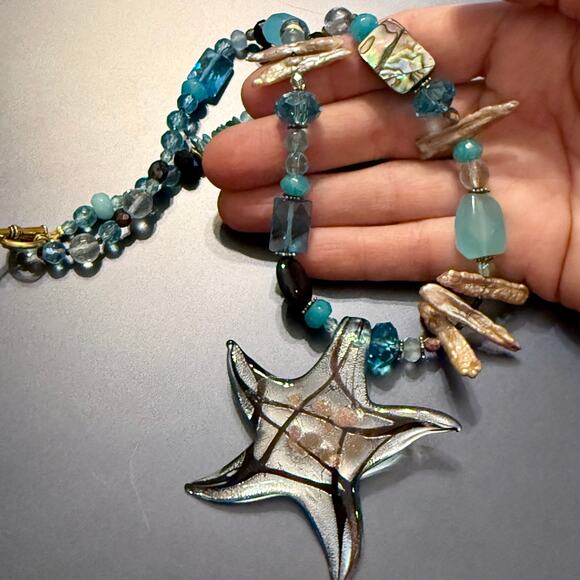 Artisan Abalone Shell & Blue Glass Beaded Pendant Necklace - Picture 8 of 8